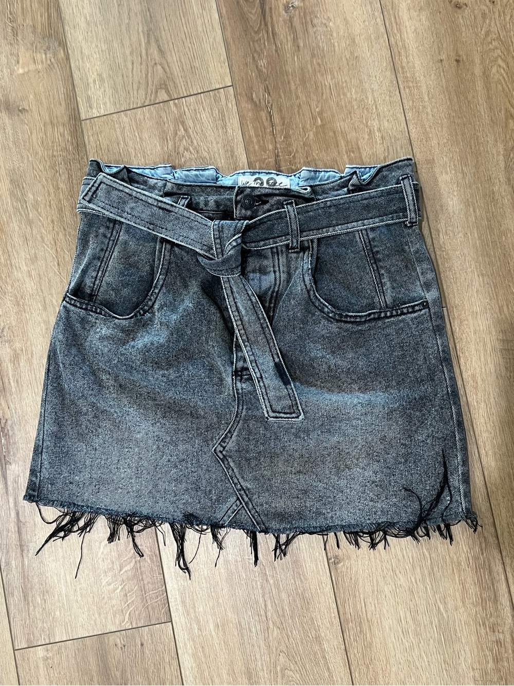 We The Free Black AcidWash Denim Mini Skirt with Tie Belt size 28 FP Free People